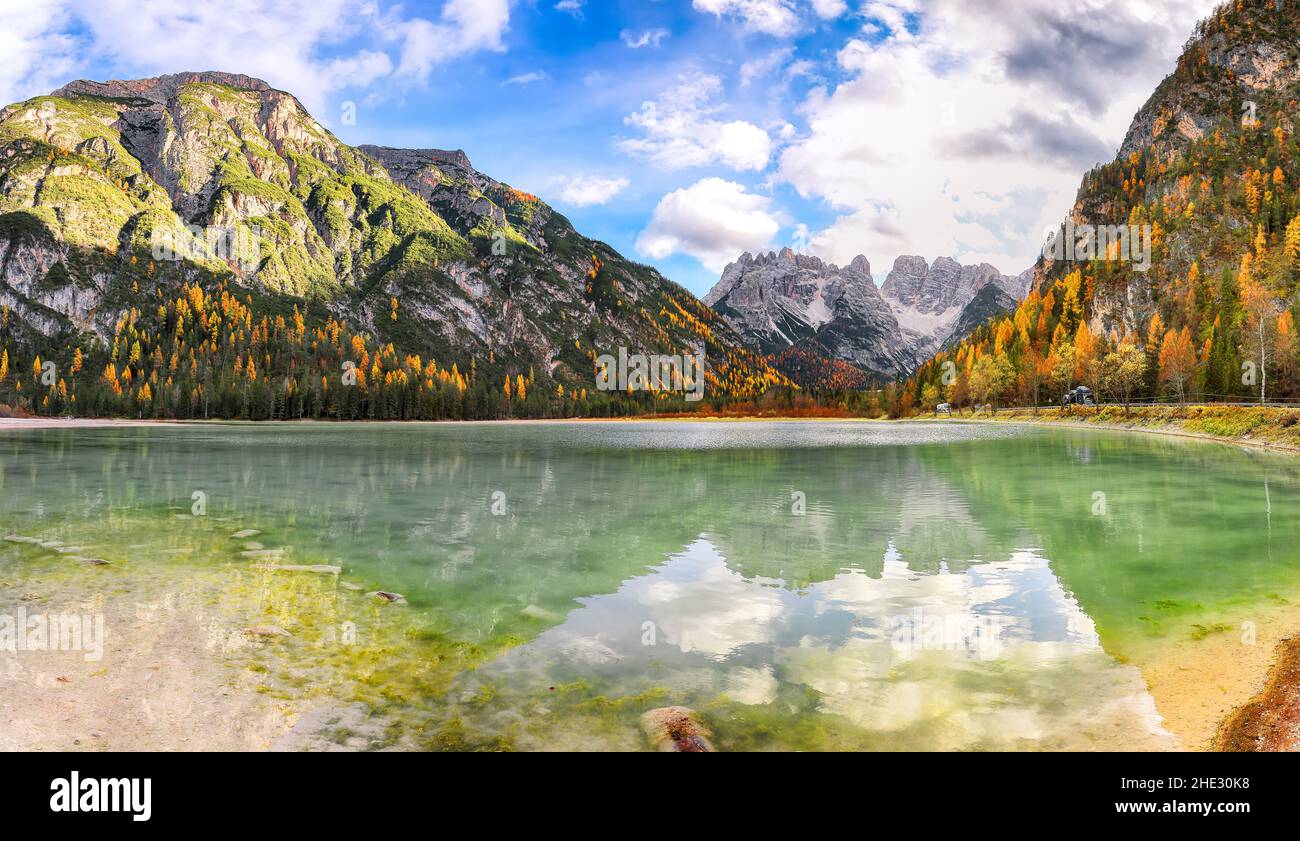 Awesome scenery of  alpine lake Landro at autumn. Location:  National Park Tre Cime di Lavaredo, region Trentino-Alto Adige , province Bolzano, Italy, Stock Photo