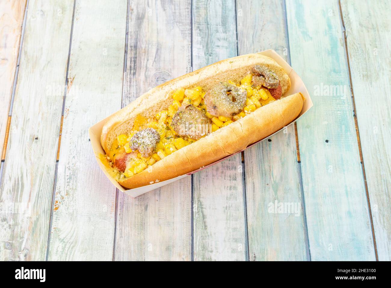 Hot dog with sweet corn kernels with meatloaf and sweet bread Stock Photo