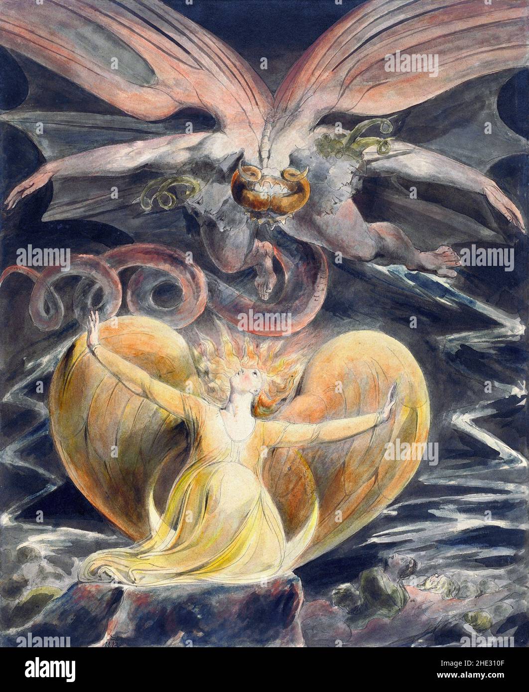 The Great Red Dragon and the Woman Clothed with the Sun by William Blake, pen and ink with watercolor over graphite, c. 1805 Stock Photo