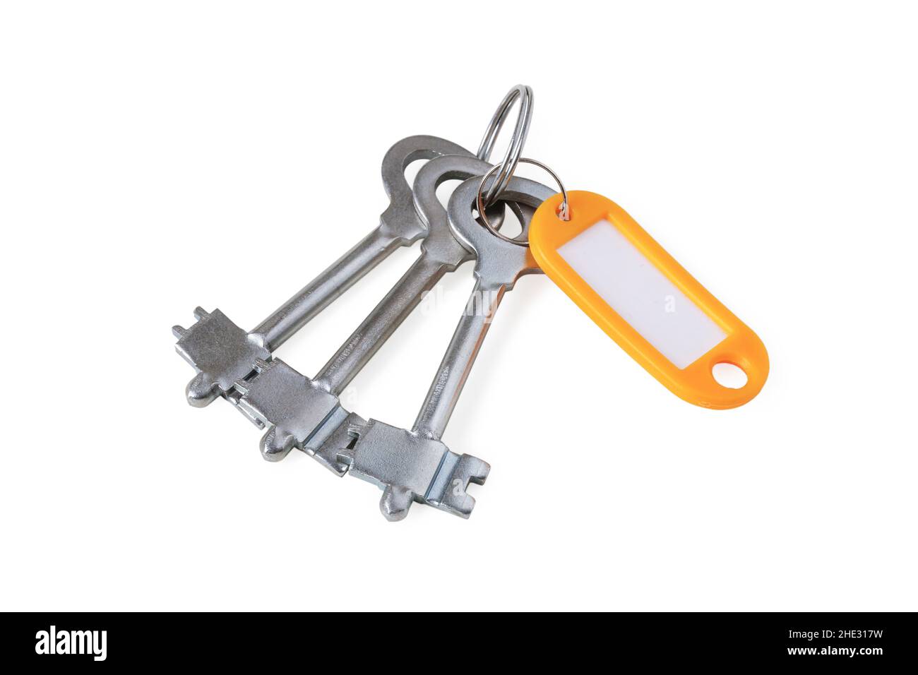 Bunch of keys on ring with tag isolated on white Stock Photo - Alamy