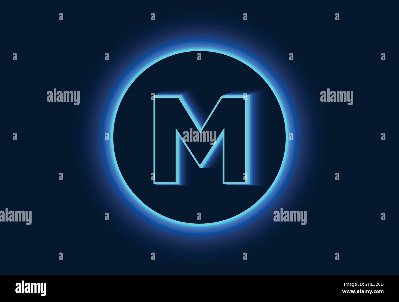 Initial M monogram alphabet in a neon circle. Stock Vector