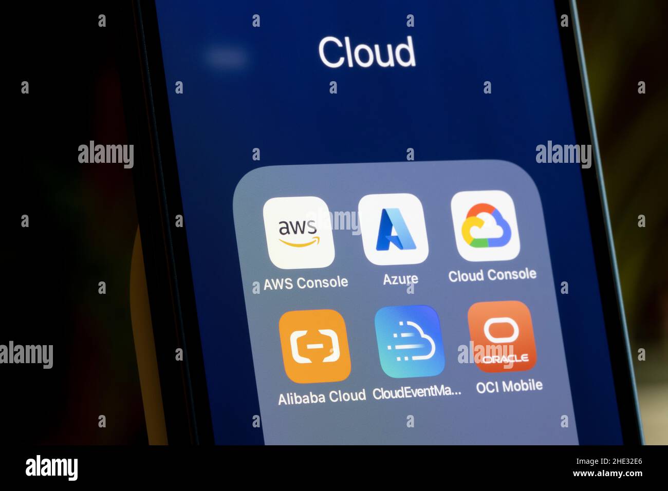 Assorted apps owned by leading cloud computing services - AWS, Microsoft Azure, Google Cloud, Alibaba Cloud, IBM Cloud, OCI - are seen on an iPhone. Stock Photo