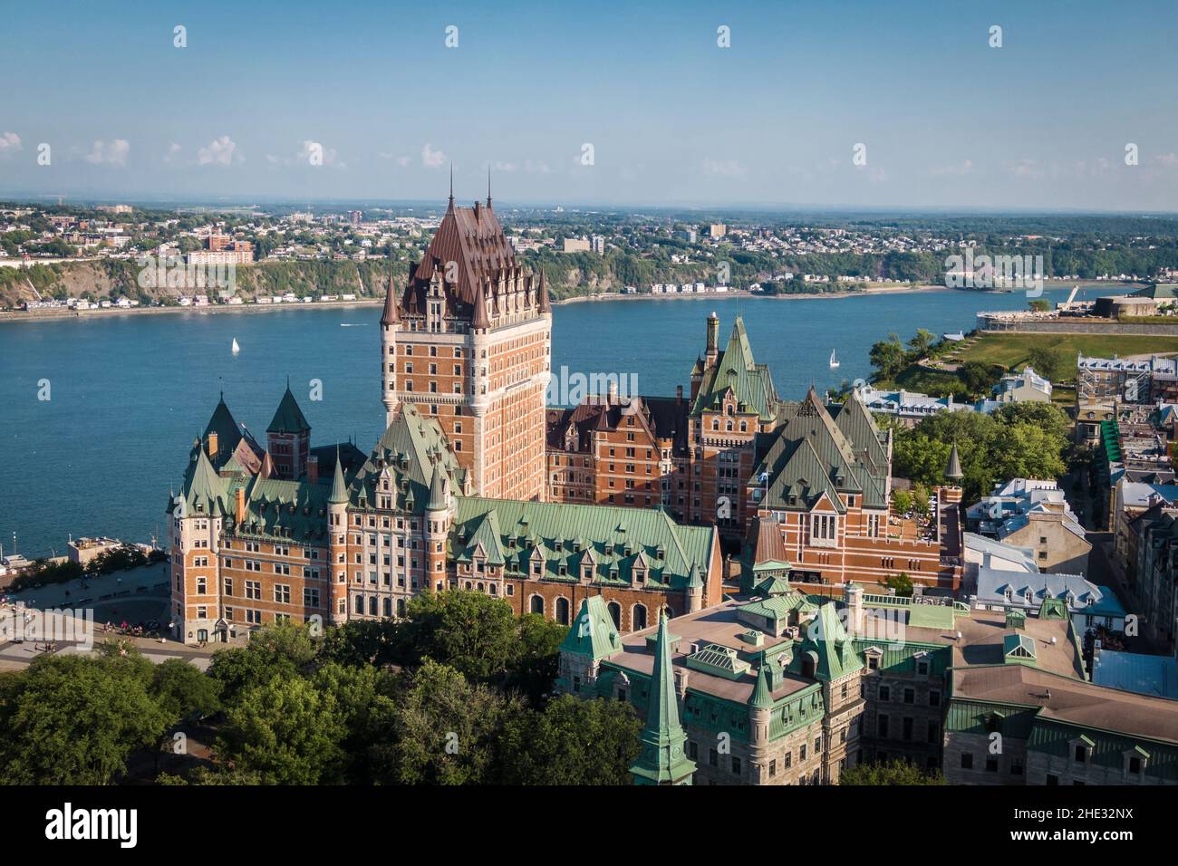 Aerial view of Quebec City including historical landmark Frontenac Castle during summer in Quebec, Canada. Stock Photo