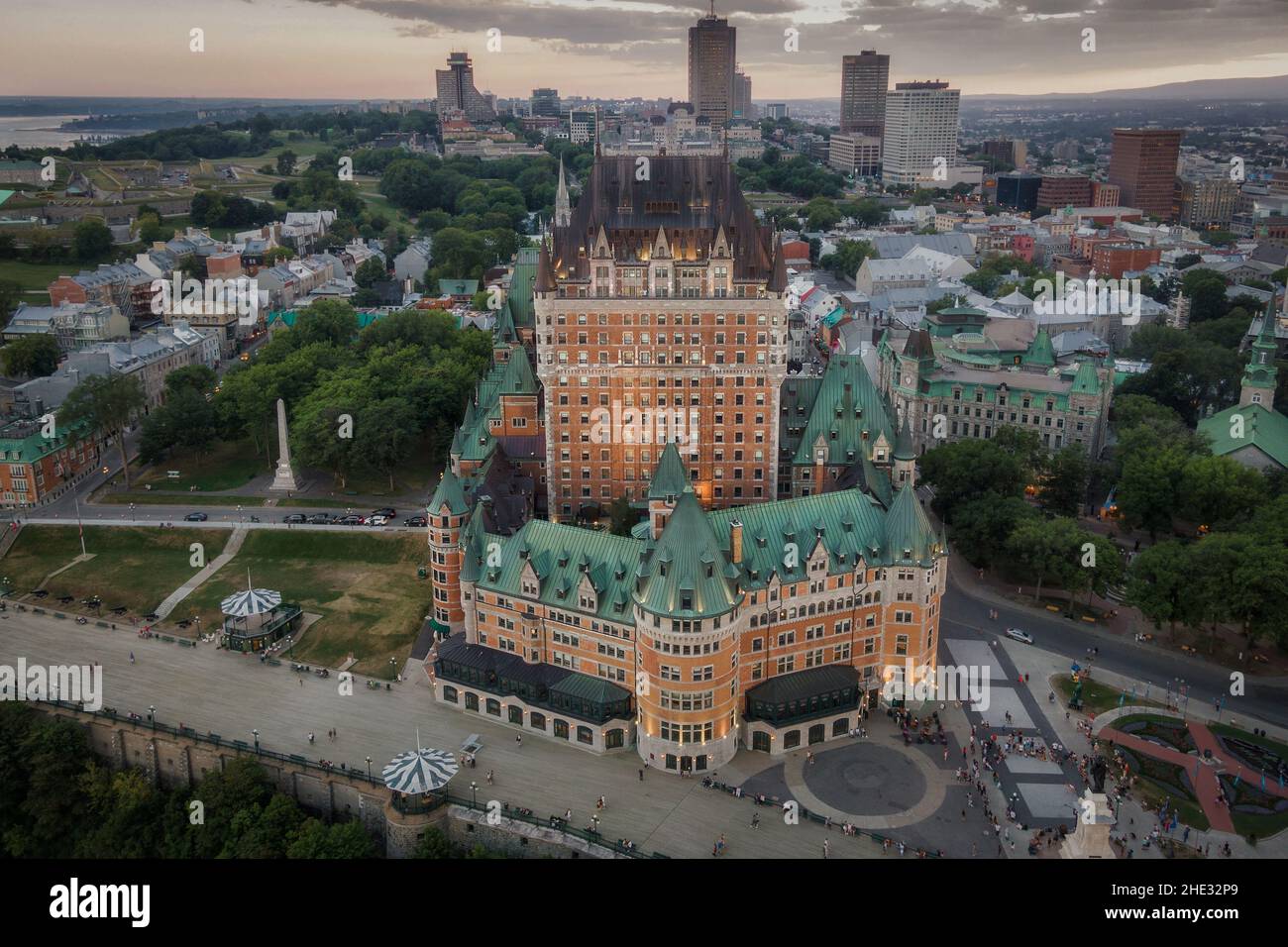 Aerial view of historical landmark Frontenac castle at dusk in Quebec City, Canada. Stock Photo