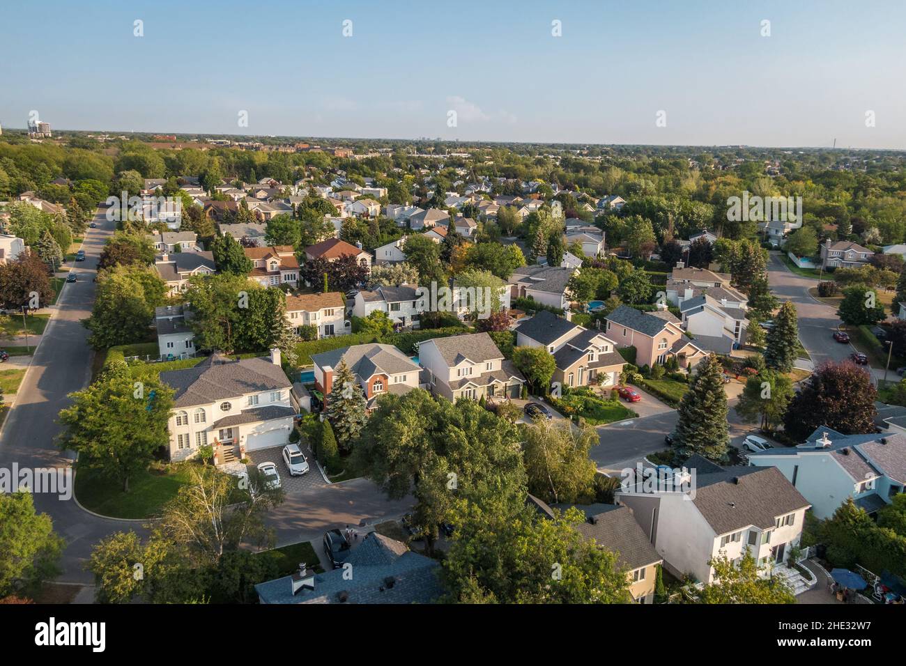 Aerial view of houses and streets in beautiful residential neighbourhood in Montreal, Quebec, Canada. Property, homes and real estate concept. Stock Photo