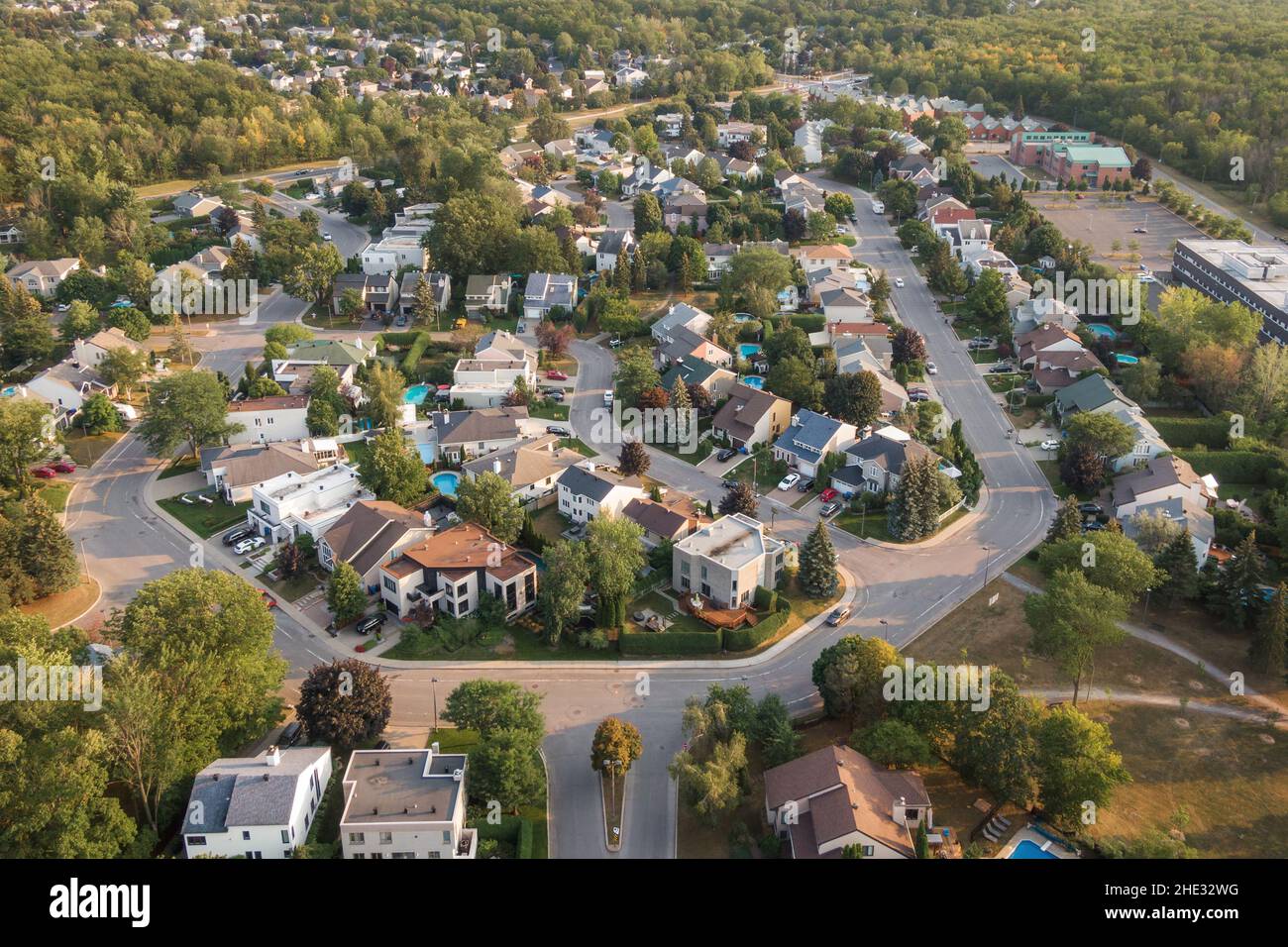 Aerial view of houses and streets in beautiful residential