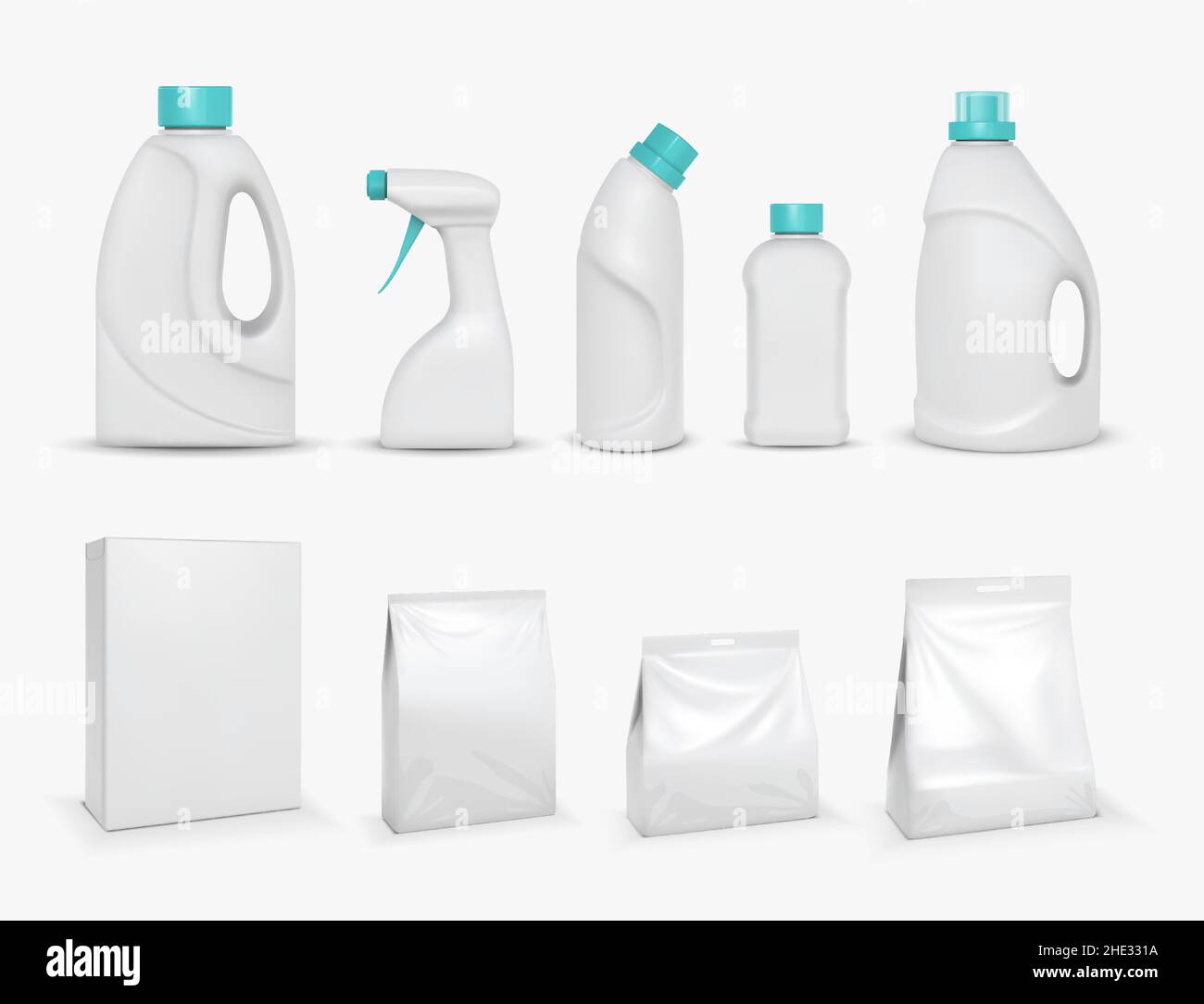 Realistic , bleach, softener in bottle. Washing powder, fabric cleaner product mockup vector set Stock Vector