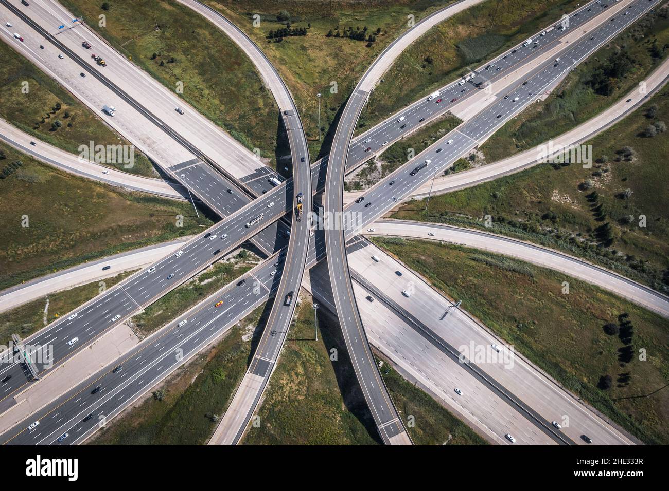 Aerial view of traffic on freeway overpass in Toronto, Ontario, Canada, North America. Stock Photo