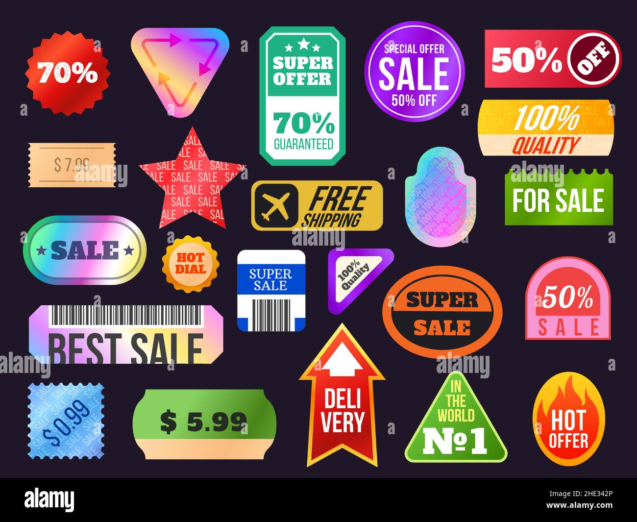 Trendy 90s holographic sticker sale labels and tags shapes. Retro discount,  price and quality product shiny stickers with percent vector set Stock  Vector Image & Art - Alamy