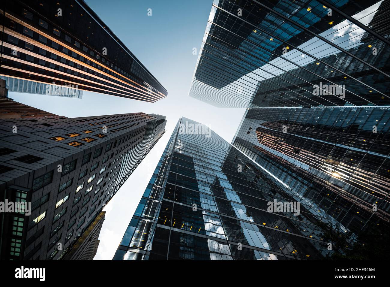 Business and finance concept, looking up at high rise buildings in the financial district of a modern metropolis. Stock Photo