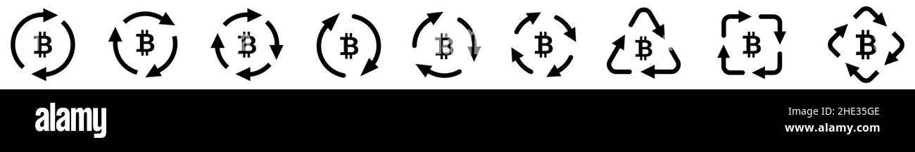 BTC icon in arrows forming cycle, two three and four arrow version. Bitcoin cycle or loop Stock Vector