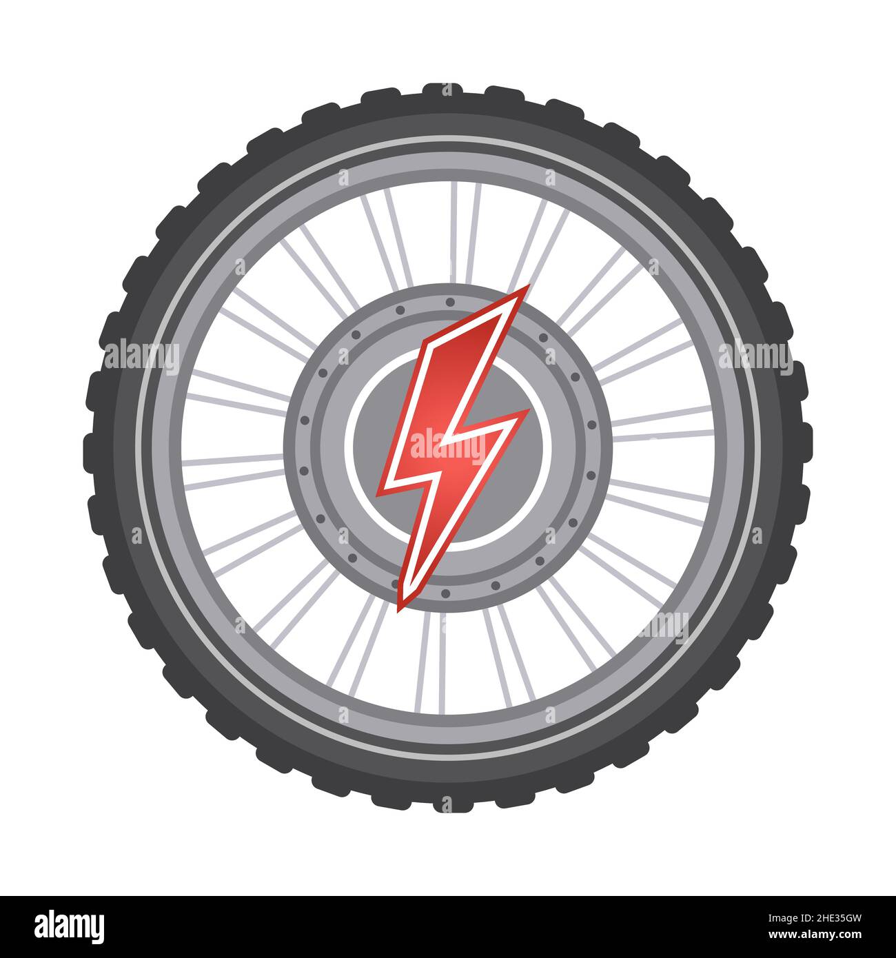 Electric bike hub wheel motor icon. E-bike electro power engine with lightning, tire. Pedal bicycle part. Electrical energy. Motorized cycling. Vector Stock Vector