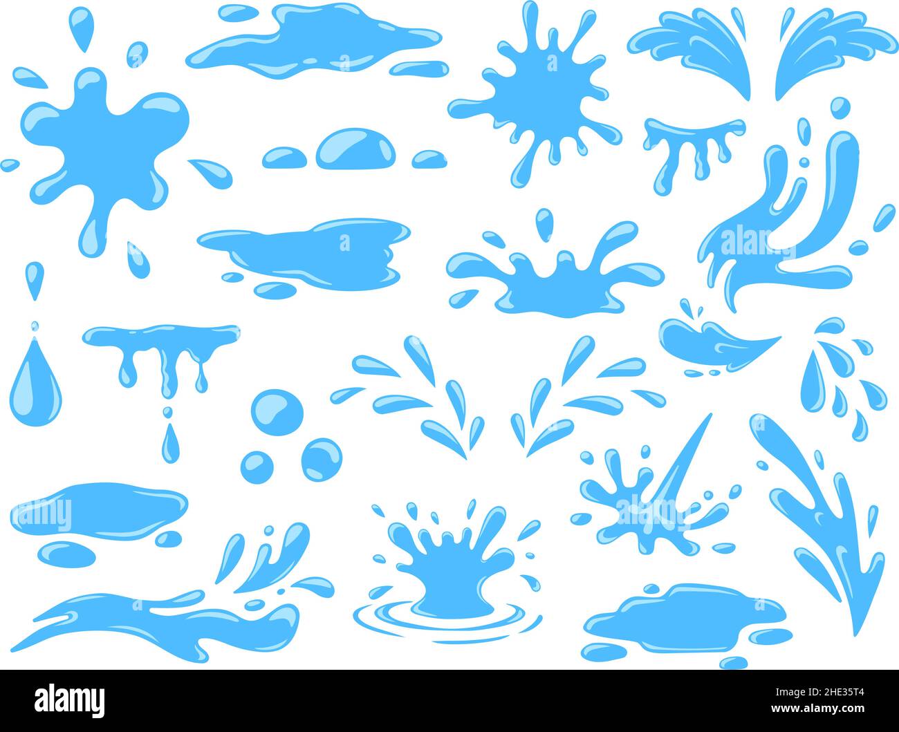 Cartoon water splashes, falling rain drops, waves and spill. Fresh aqua stream, puddles and splats. Nature blue liquid form icons vector set Stock Vector