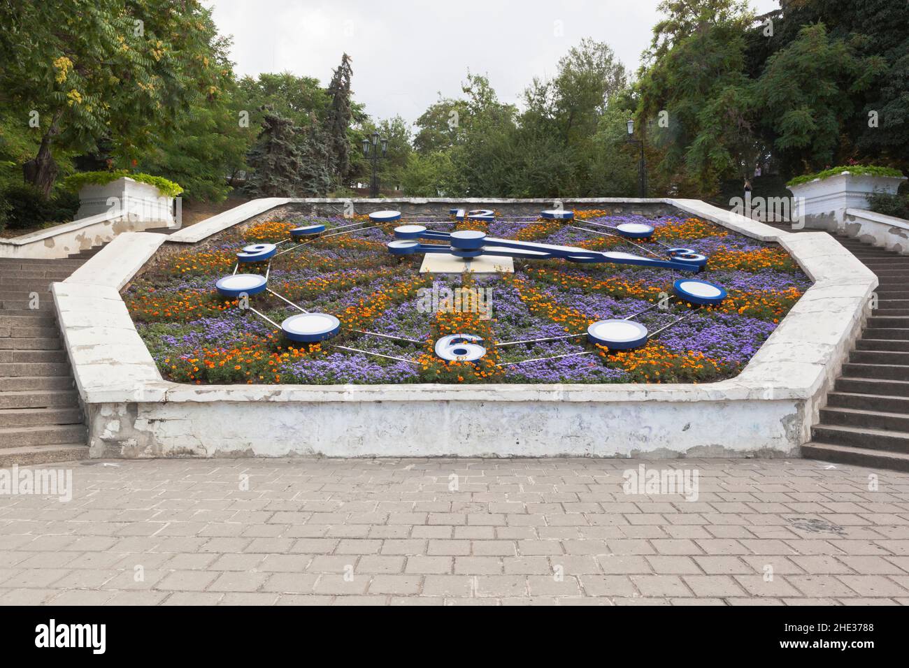 Sevastopol, Crimea, Russia - July 29, 2020: Flower clock in the landscape of Sinop descent in the city of Sevastopol, Crimea Stock Photo