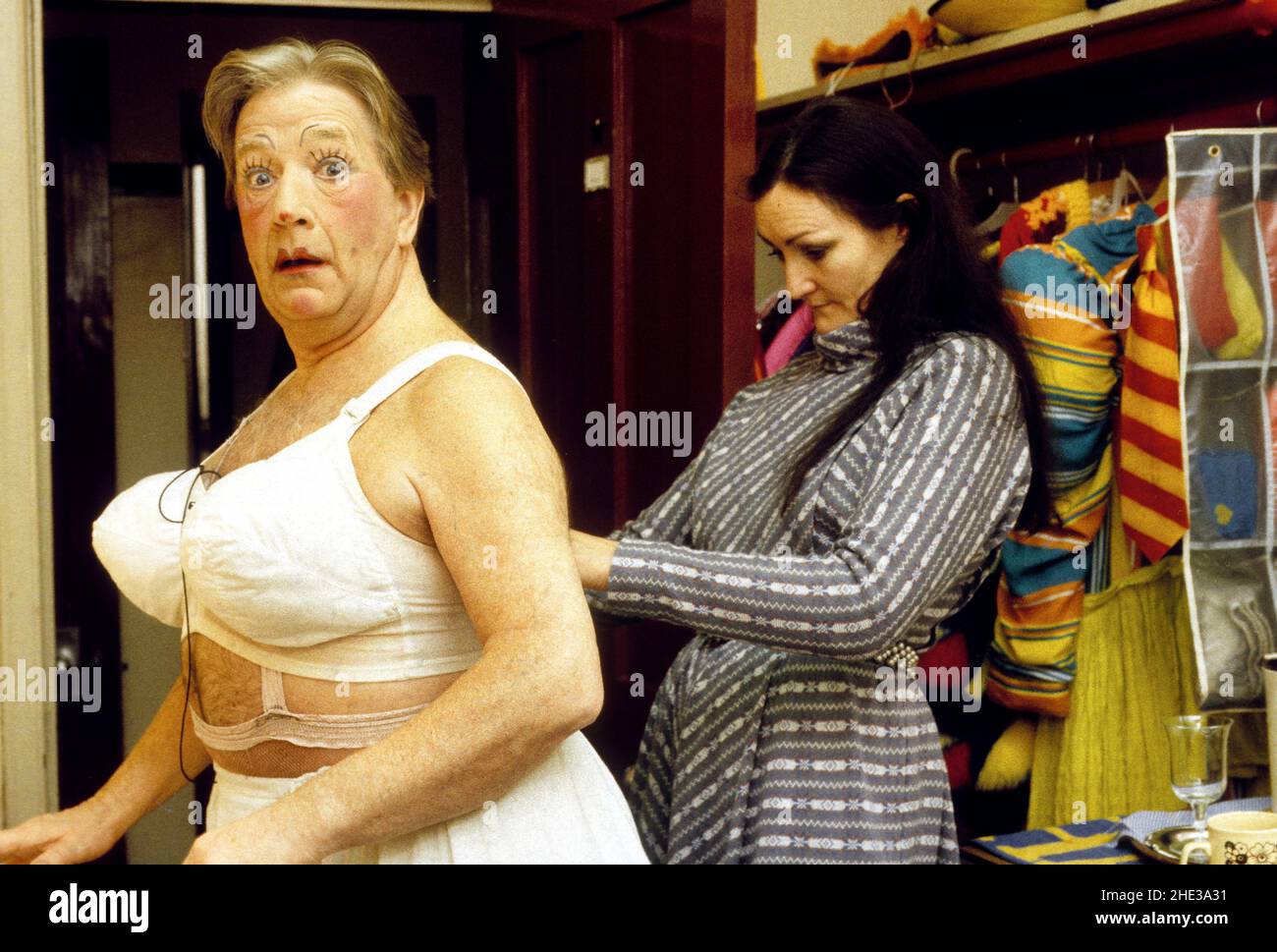 Welsh actor Wyn Calvin known affectionately as 'The Clown Prince of Wales' and 'The Welsh Prince of Laughter' in his dressing room  as  pantomime dame in Jack and the Beanstalk 1988 Stock Photo