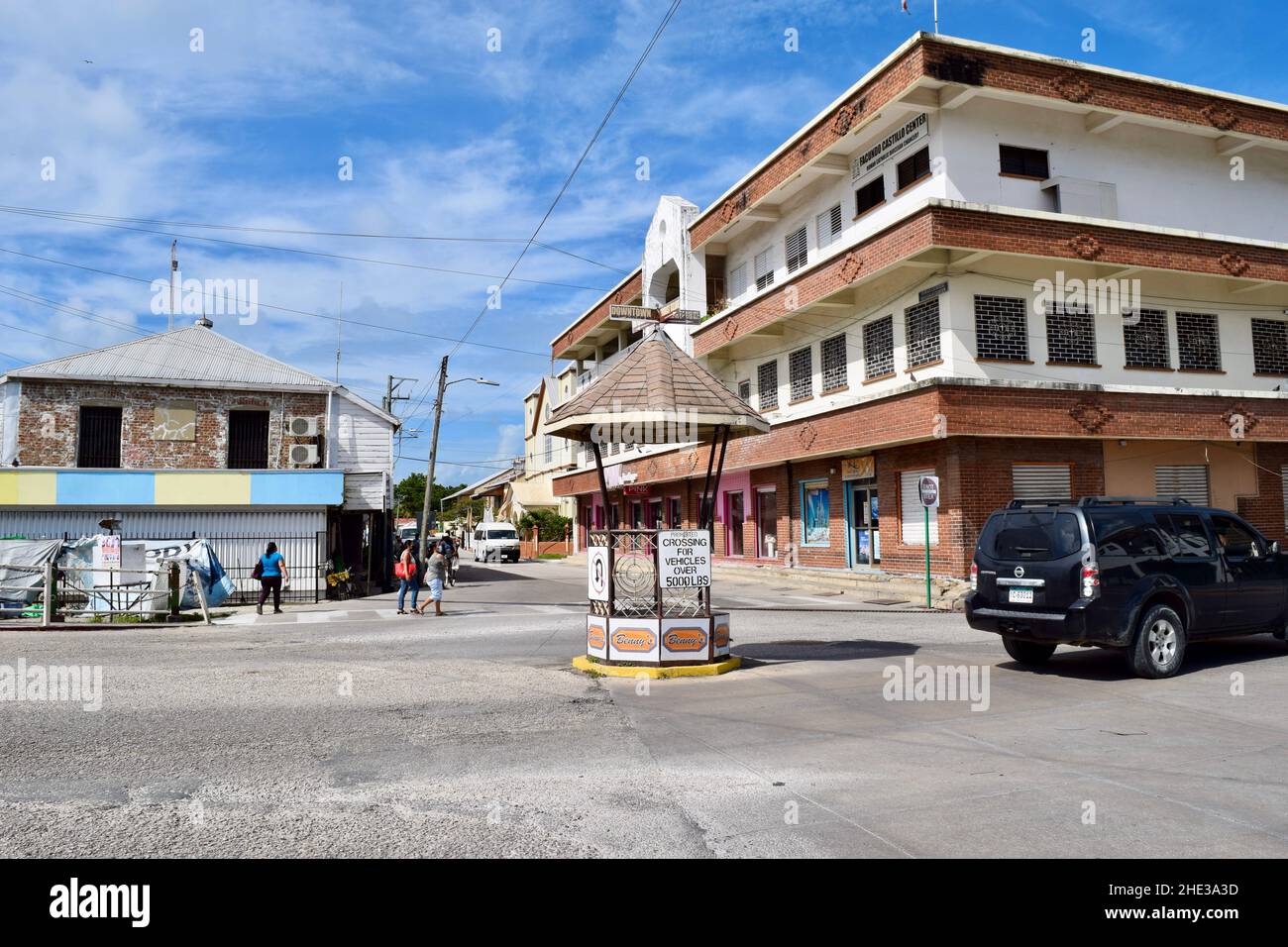 The intersection of the swing bridge and Queen street in Belize City, Belize Stock Photo