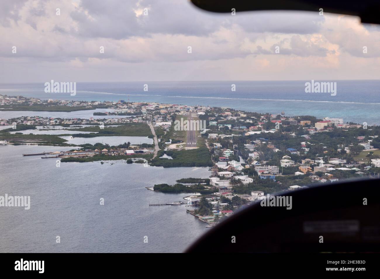 Aerial view of the airport runway and the town of San Pedro on