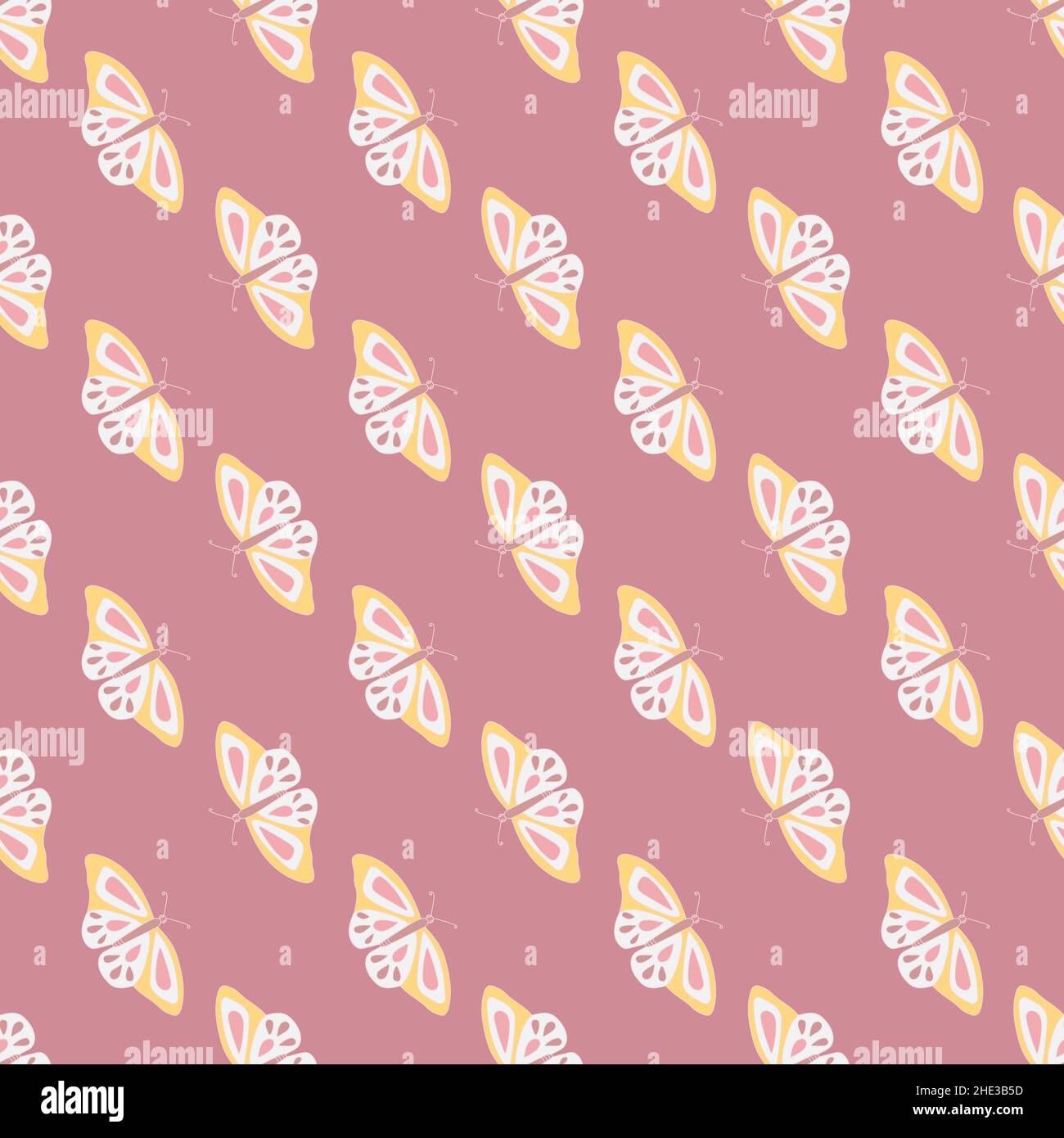 Seamless pattern with butterfly in diagonal row on dust rose background. Stock Vector