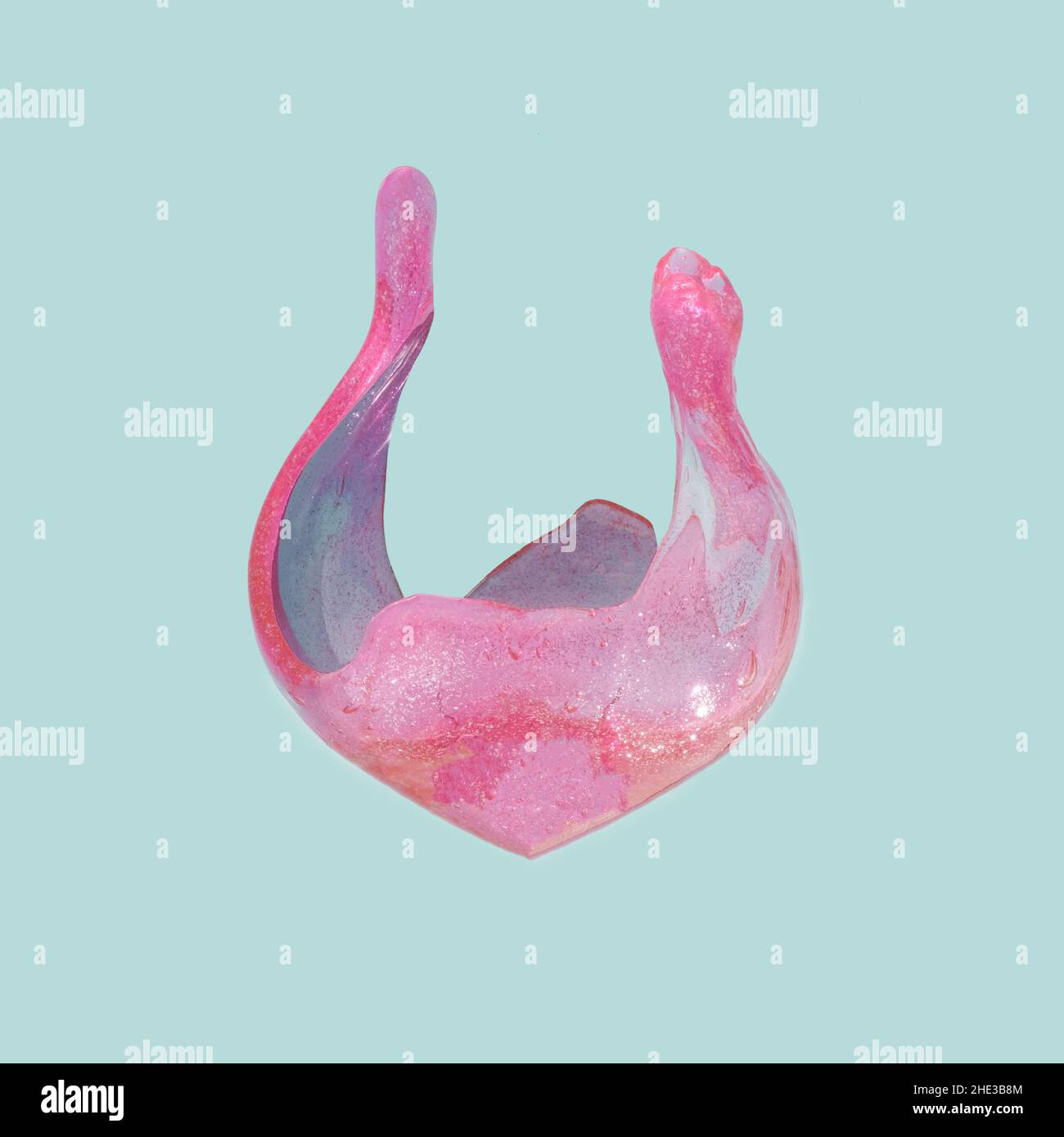 Pink and violet heart shaped slime dripping upwards. Surreal virtual love conceptual background. Stock Photo