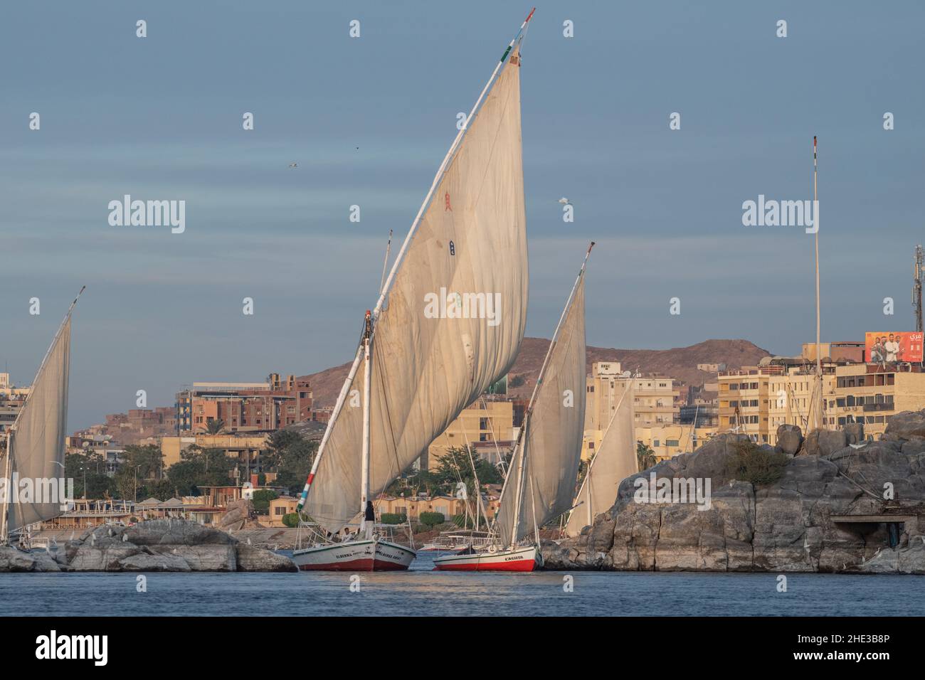 Felucca sailboats on the Nile river in Aswan city in southern Egypt. A ...