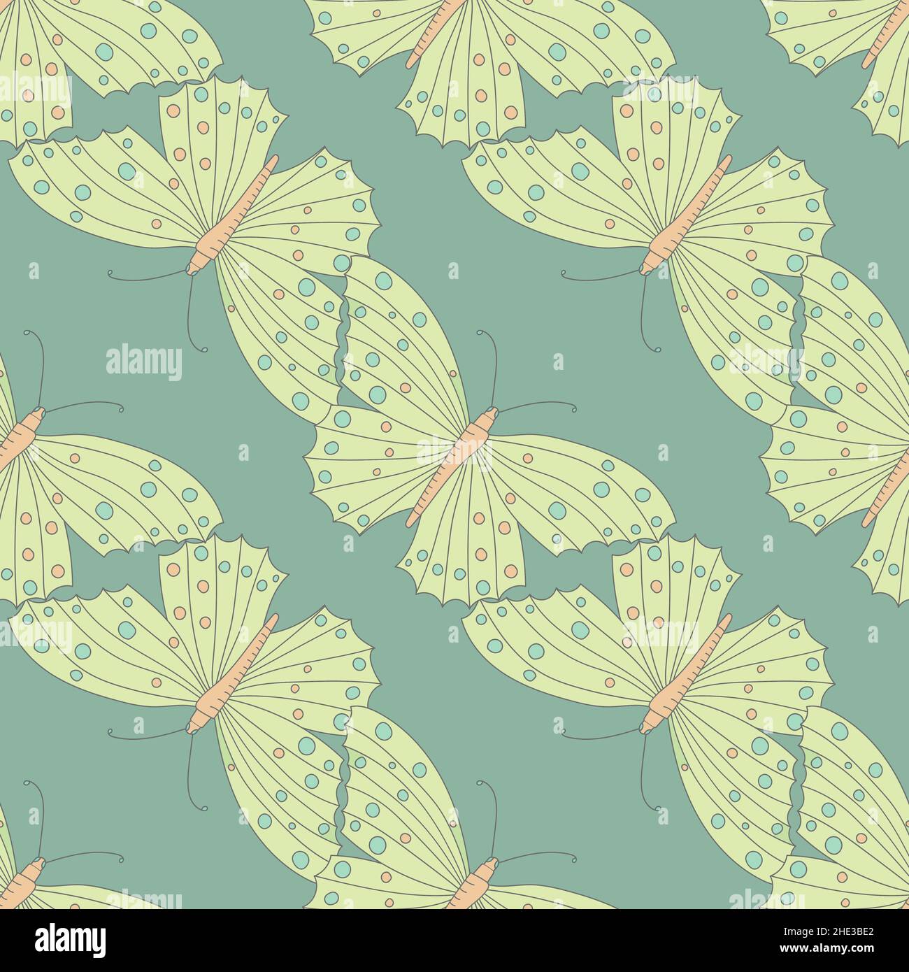 Seamless pattern with butterfly in diagonal row on green background. Stock Vector