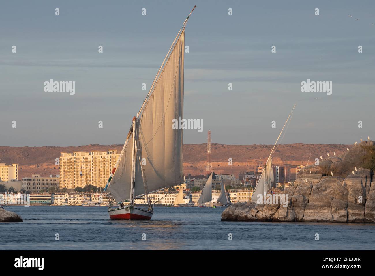 Felucca sailboats on the Nile river in Aswan city in southern Egypt. A ...