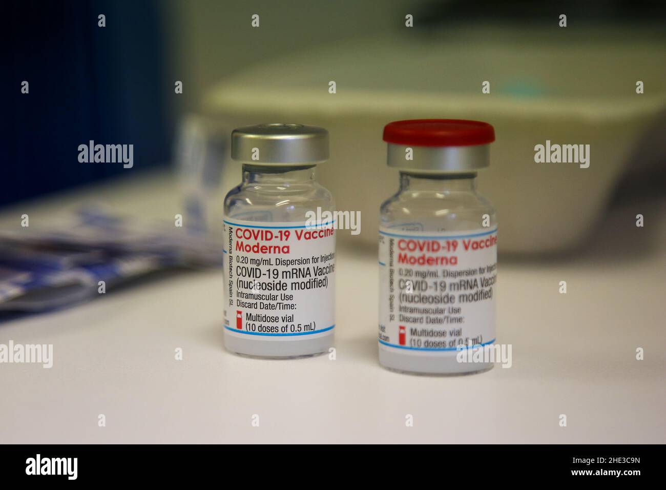Finding Booster Vials containing Moderna Covid-19 booster jab are seen at a vaccination ...