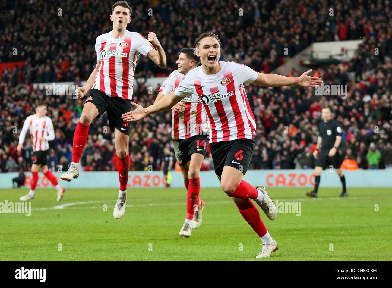 Callum Doyle of Sunderland celebrates after scoring a goal to make it 3-0 - Sunderland v Sheffield Wednesday, Sky Bet League One, Stadium of Light, Sunderland, UK - 30th December 2021  Editorial Use Only - DataCo restrictions apply Stock Photo