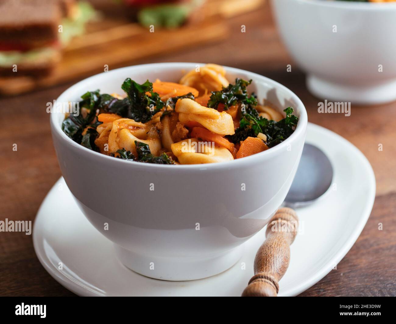 Home made Vegan Tortellini Soup with TVP and Kale Stock Photo