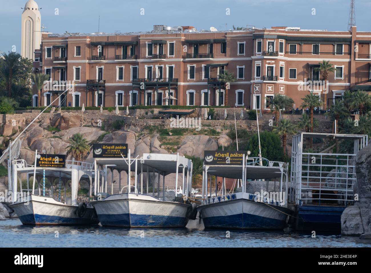 The Sofitel Legend Old Cataract Hotel on the Nile river in Aswan, Egypt. Agatha Christie's novel death on the Nile was partially set in this hotel. Stock Photo