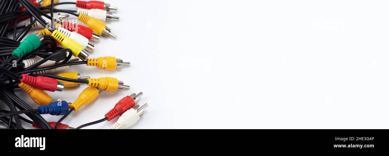 Old video audio cable on white background. Place for text. Stock Photo