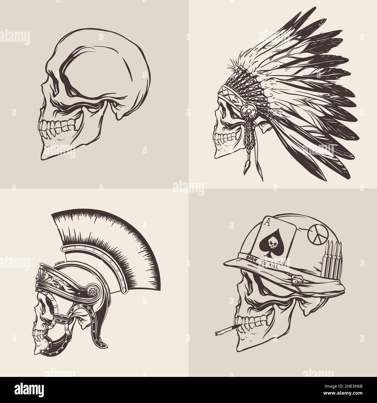 Set of drawn skulls of a gladiator, a soldier of the Vietnam War, a tribal leader on a beige background for printing. Vector illustration. Stock Vector