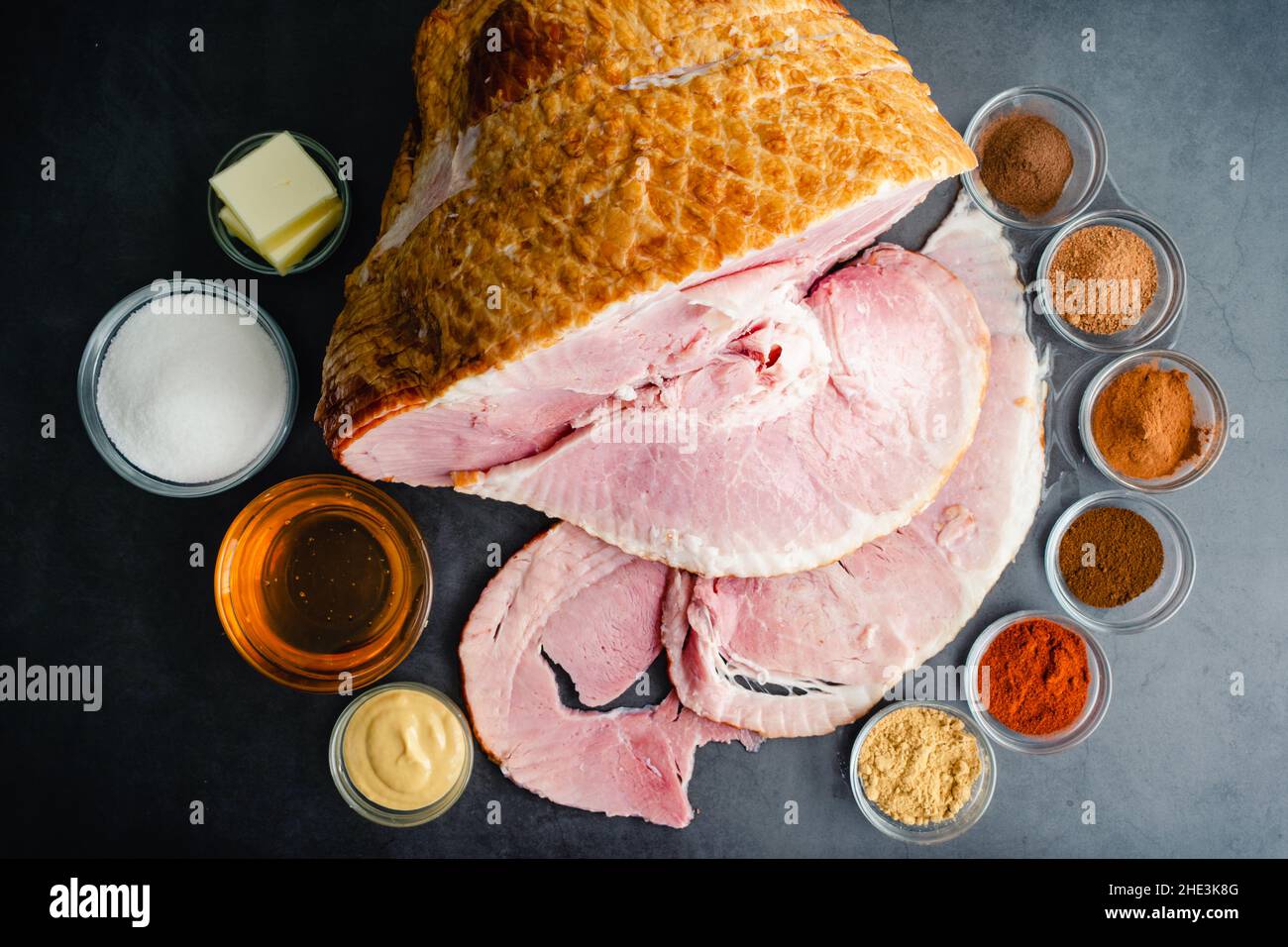 Ingredients for a Glazed Spiral Cut Ham A smoked ham with honey, sugar