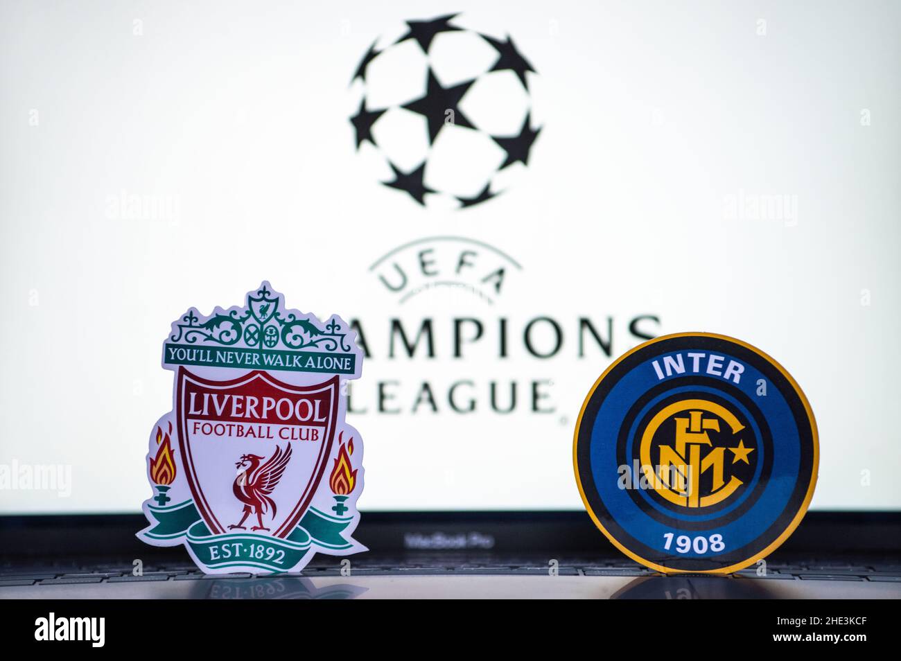 January 2, 2022 St. Petersburg, Russia. The emblems of the football clubs  of the 1/8 finals of the UEFA Champions League Liverpool F.C. and Inter  Mila Stock Photo - Alamy