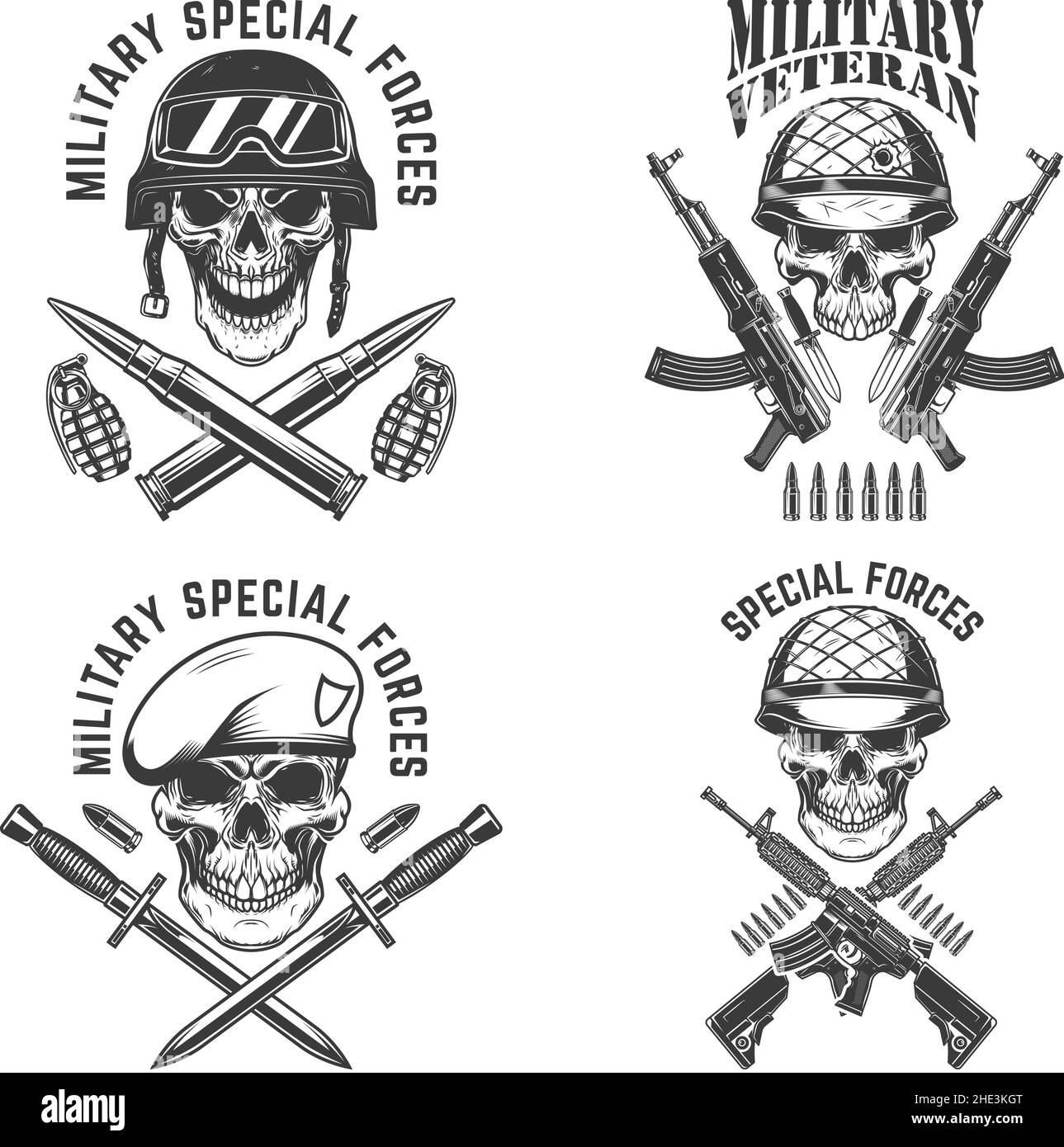 Military veteran. Special forces. Crossed assault rifles with soldier skull in army helmet. Design element for logo, label, sign, emblem. Vector illus Stock Vector