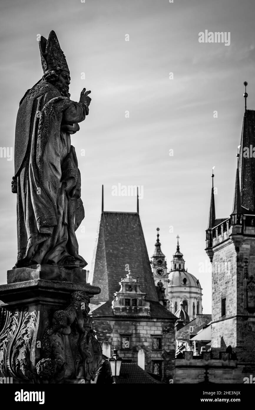 Statue of Adalbert of Prague on Charles Bridge and The Old Town of