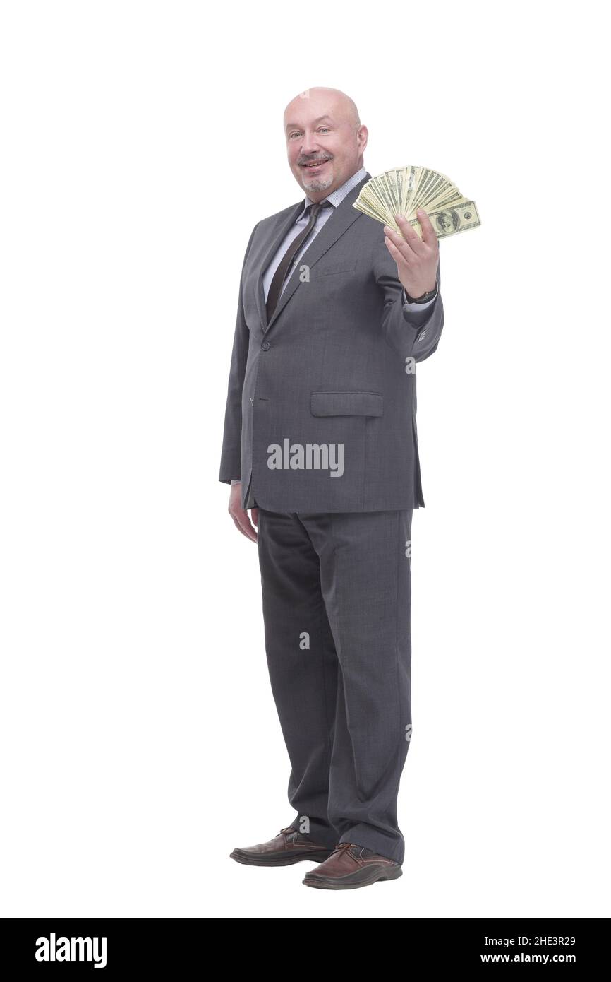 in full growth. smiling business man with dollar bills Stock Photo - Alamy