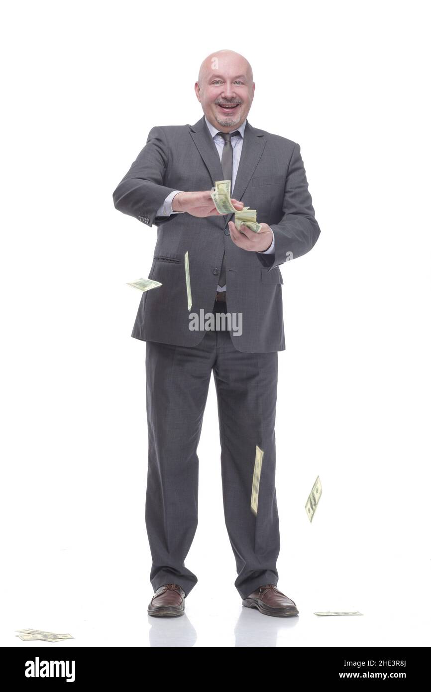 in full growth. smiling business man with dollar bills Stock Photo - Alamy