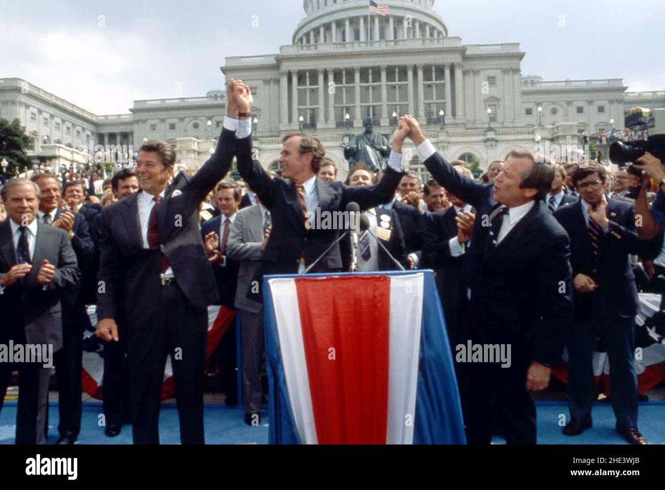 Ronald Reagan, George Bush and Howard Baker at a campaign rally in front of the U.S. Capitol in Washington, DC. Stock Photo