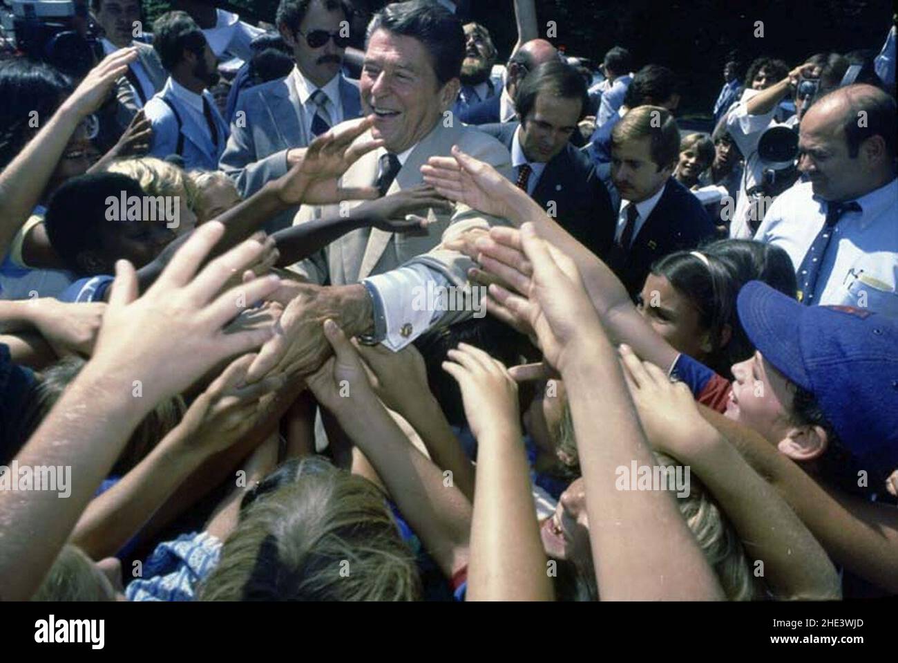 Ronald Reagan shaking hands with supporters at a campaign stop in Indiana. Stock Photo
