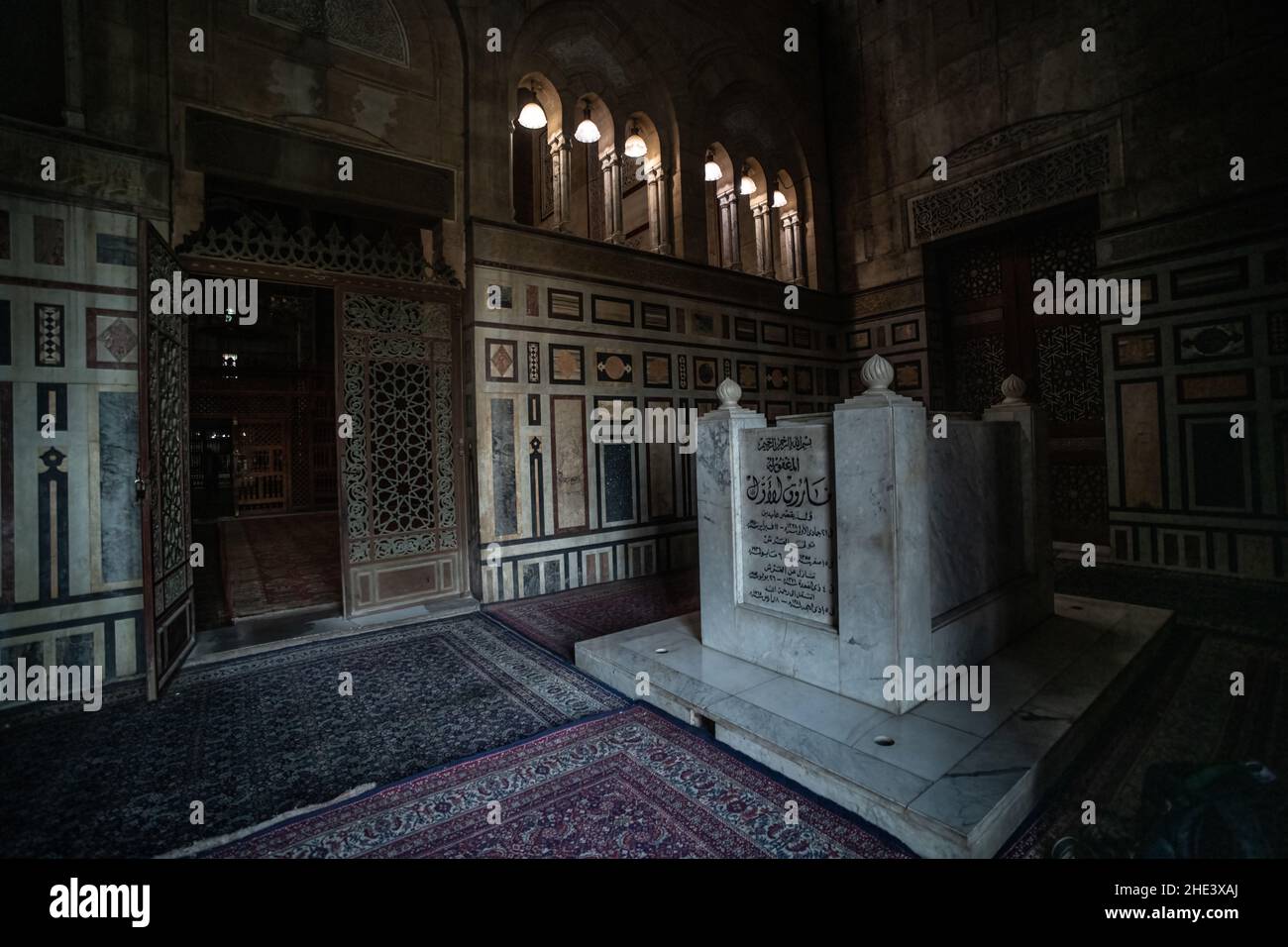 The marble sarcophagus of Farouk I, a king of Egypt, in the Al Rifai mosque in historic Cairo, Egypt. Stock Photo