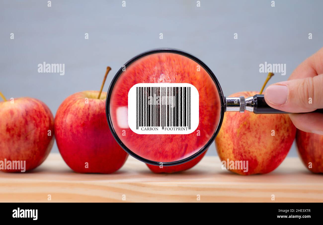 Carbon footprint bar code label on apple magnified by magnifying lens