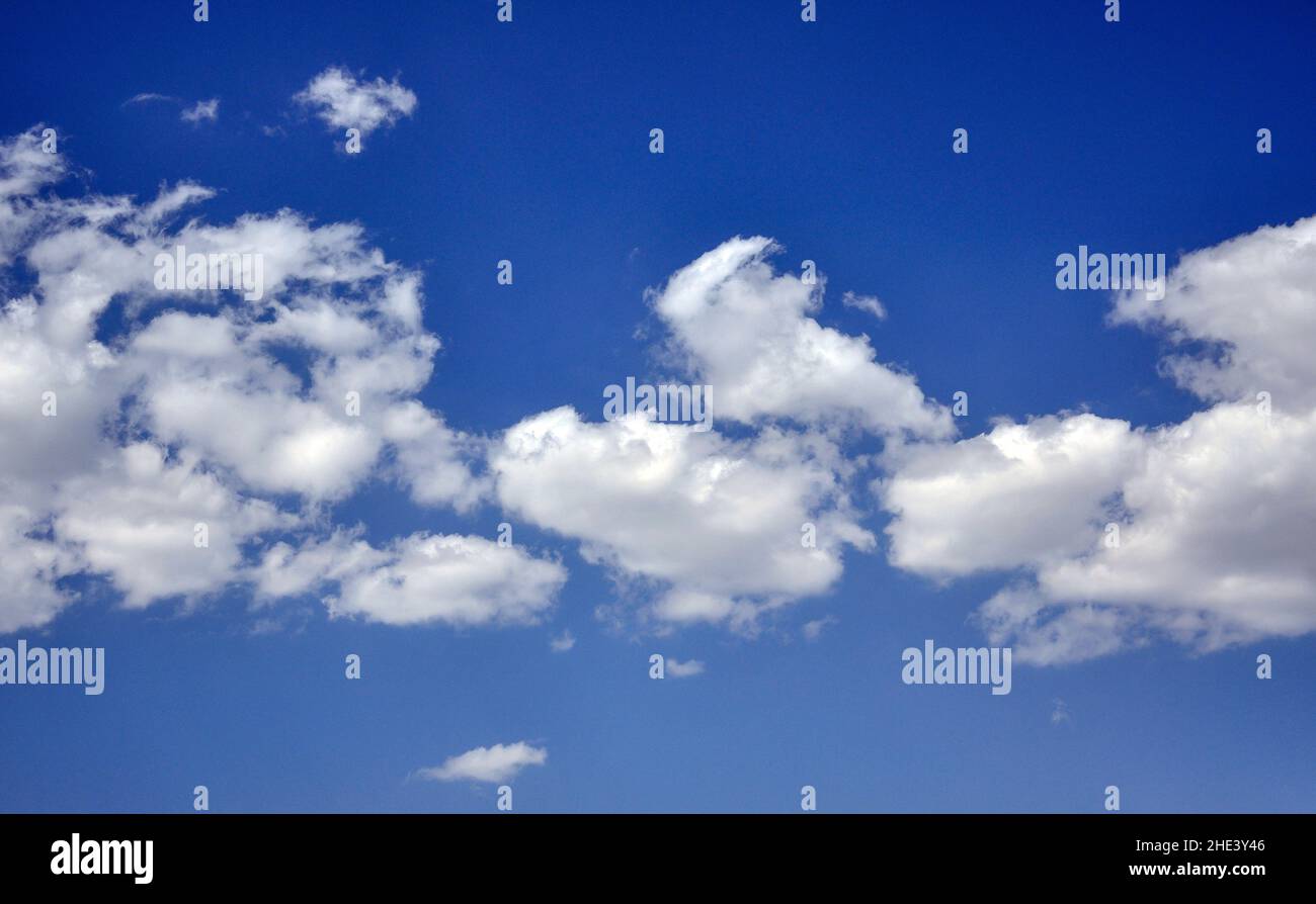 White cumulus clouds against blue sky, Christchurch, Canterbury Region, New Zealand Stock Photo
