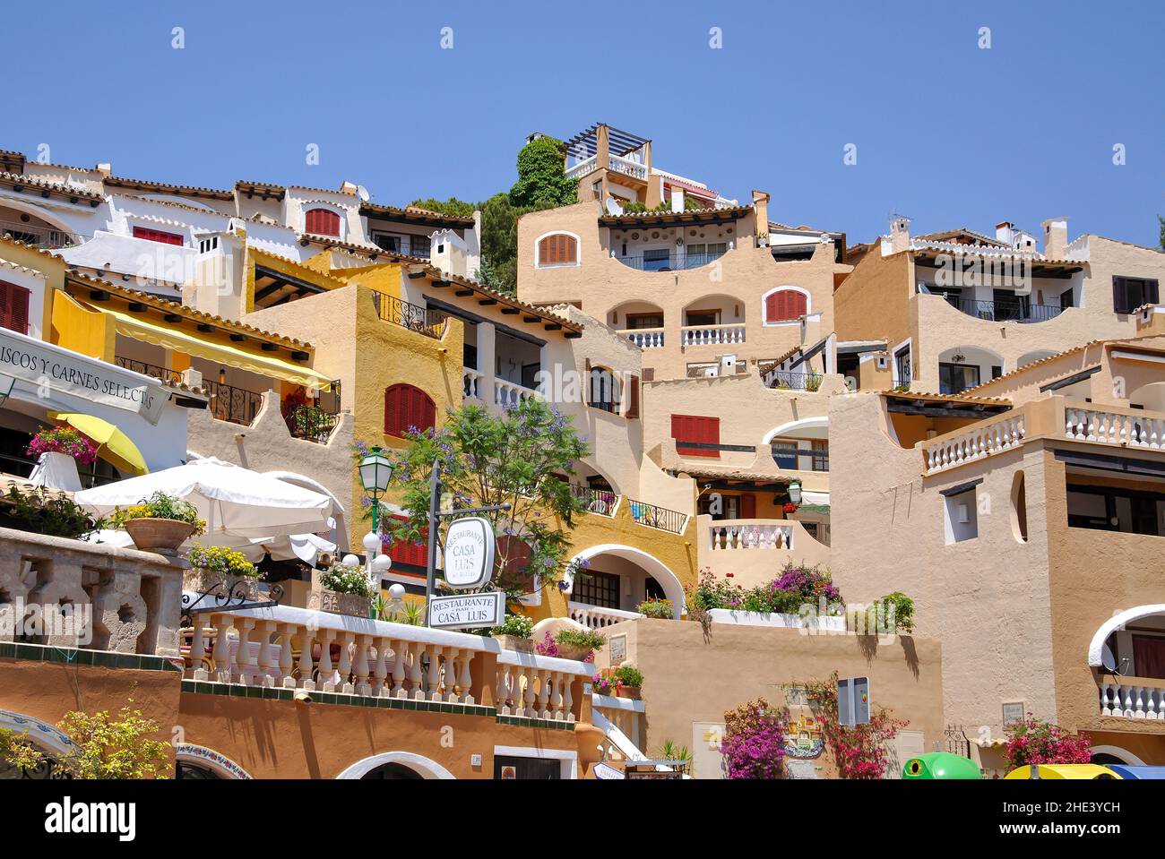 Apartment buildings, Fornells Village, Cala Fornells, Andratx Municipality, Majorca (Mallorca), Balearic Islands, Spain Stock Photo