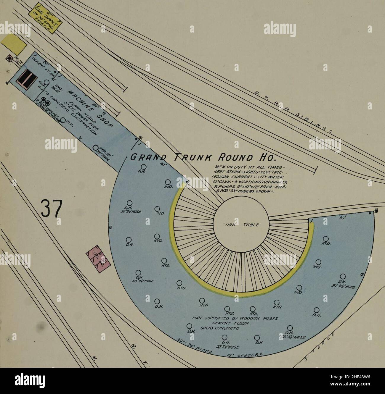 Round House of the Grand Trunk Railroad, Turn Table, Machine Shop and Coal Tipple in 1910 map detail, from- Sanborn Fire Insurance Map from Detroit, Wayne County, Michigan. Stock Photo