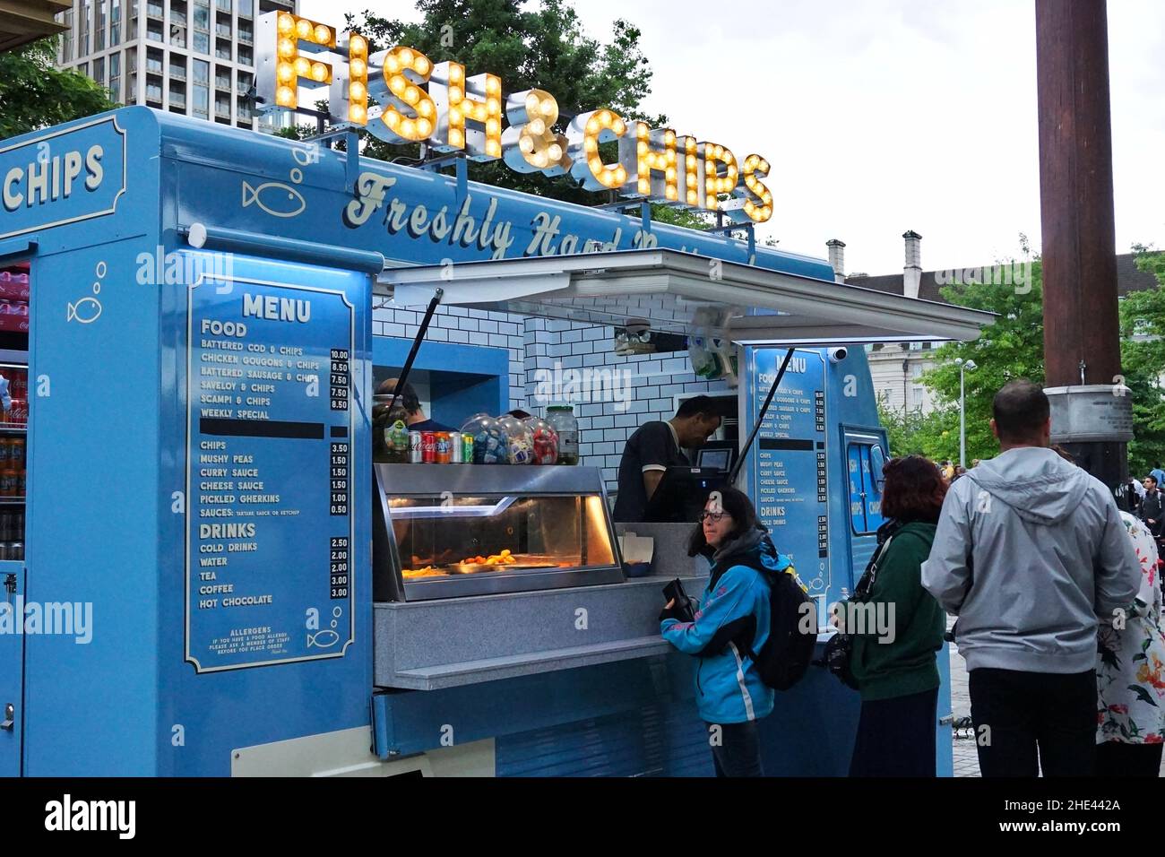 Fish and chips, food truck at the Jubilee Garden, Near London Eye