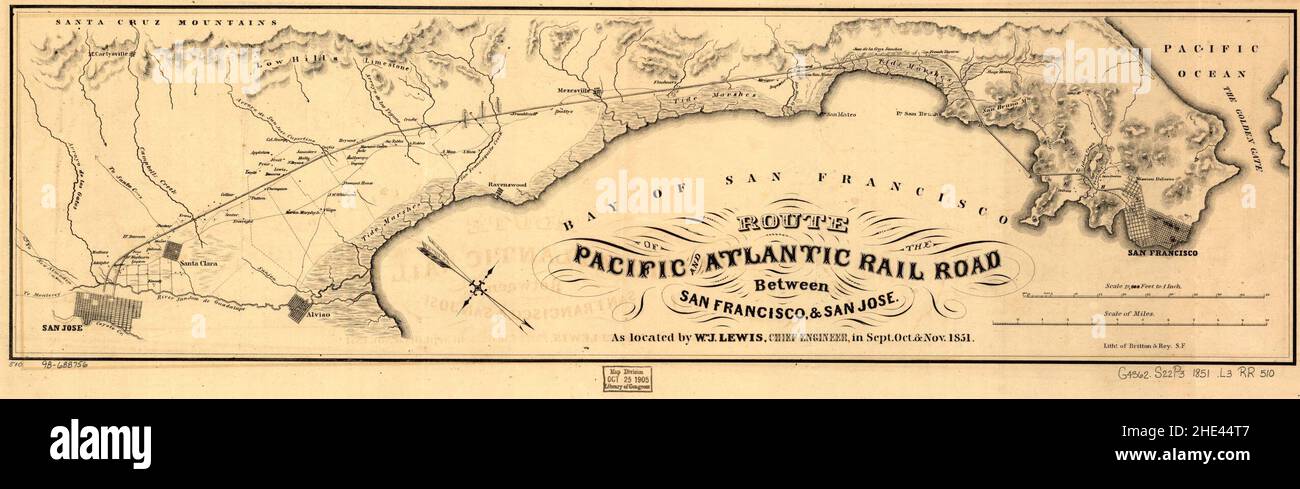 Route of the Pacific and Atlantic Rail Road between San Francisco, & San Jose, as located by Wm. J. Lewis, Chief Engineer, in Sept. Oct. & Nov. 1851. Stock Photo