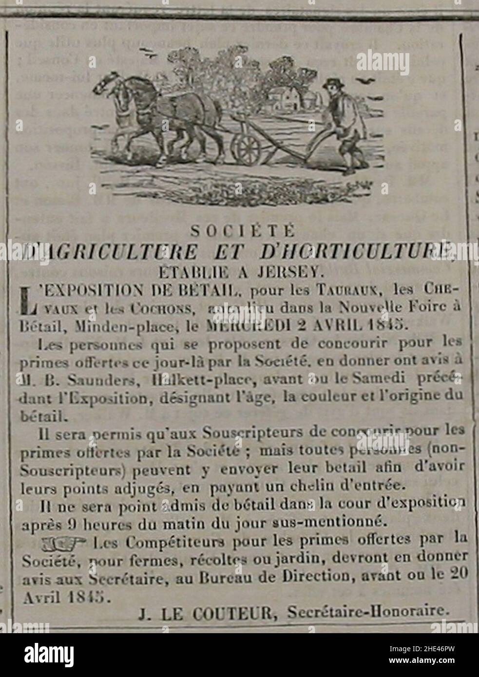 Royal Jersey Agricultural and Horticultural Society 2 Avril 1845 Stock