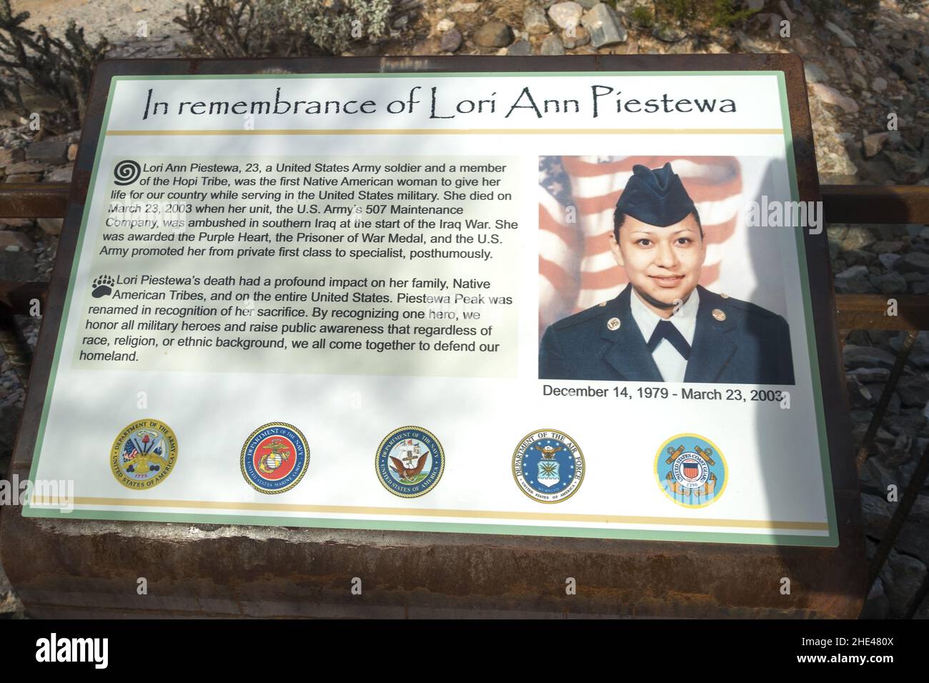 Lori Ann Piestewa Native American US Military Woman Memorial Plaque in Phoenix Mountain Preserve Park. Stock Photo