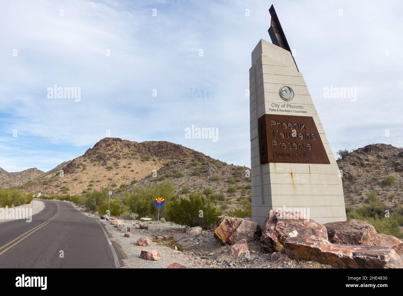 Piestewa Peak Road Entrance Gate and Monument in Phoenix Arizona Mountains Preserve Urban Wilderness Desert Park Stock Photo